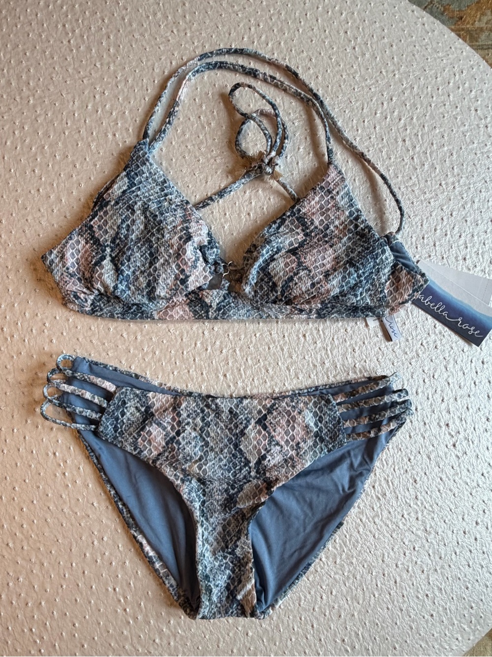 Isabella Rose Swim Blue & Neutral Snakeskin Print 2 pc String Bikini Sz S Small